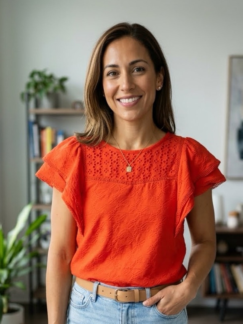 LOFT Bright Redish Orange Eyelet Flutter Sleeve Blouse Size M
